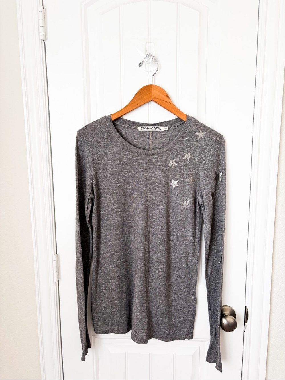 Michael Stars Heather Gray Long Sleeve Star Accent Tee One Size